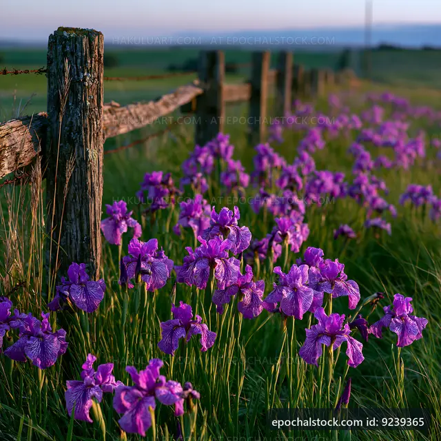 Violet flowers along a rustic wooden fence at sunset