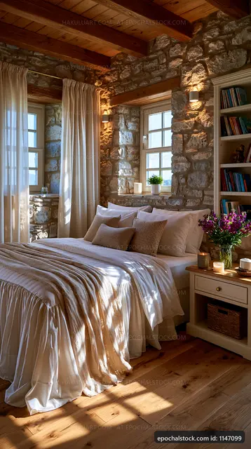 Cozy bedroom with stone walls and natural light