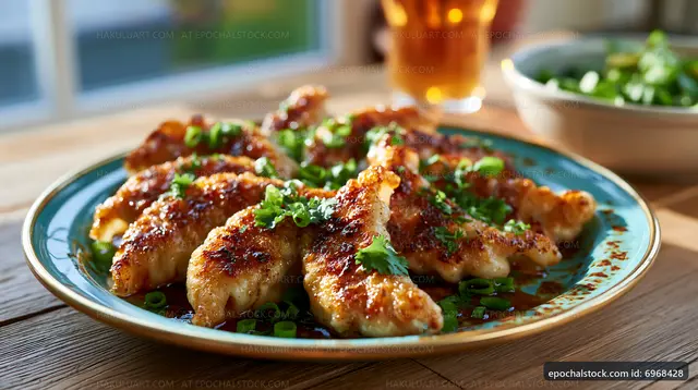 Crispy chicken wings served on a blue plate with green onions