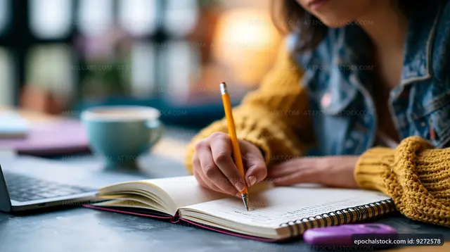 Woman writes in notebook at desk with laptop and coffee
