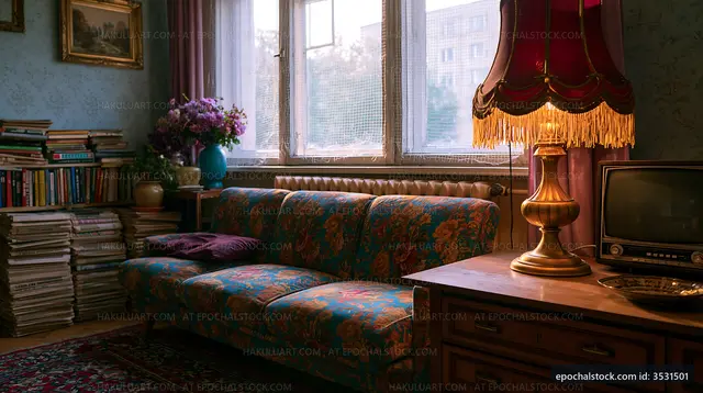 Cozy living room with vintage sofa and warm lighting