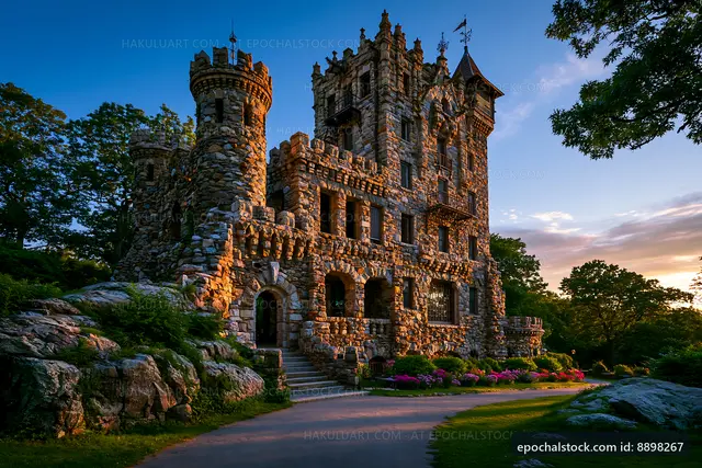 Stone castle surrounded by trees and flowers at sunset