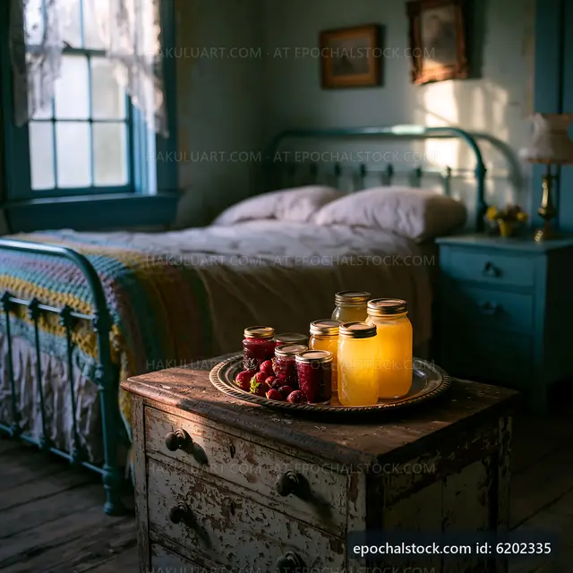 Warm light from jars in a rustic bedroom during late afternoon
