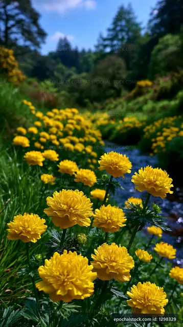 Vibrant yellow flowers by a stream in a green landscape