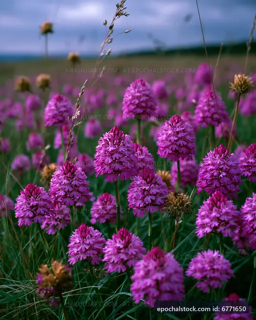 Vibrant purple flowers in a green field during cloudy weather