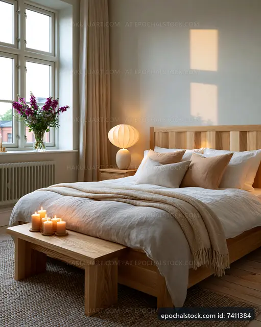 Cozy bedroom with natural light and candles on the table