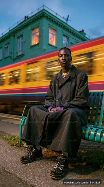 Person sits on bench with passing train in urban setting