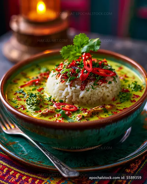 Delicious green curry with rice and fresh herbs in a bowl