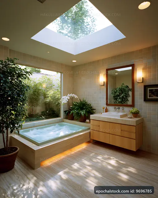 Modern bathroom with skylight and plants