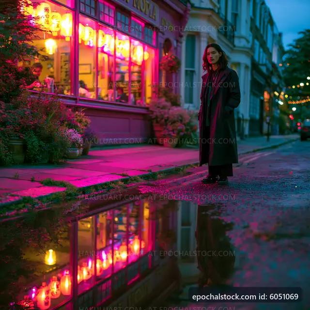 Person standing on street near cafe with neon lights