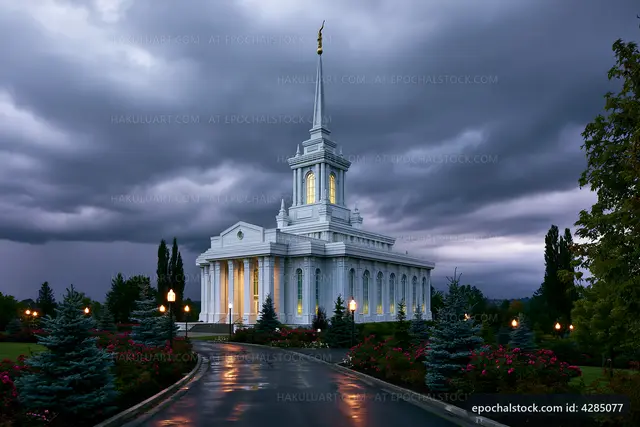 Modern church building under cloudy sky at dusk