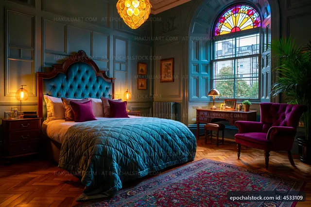 Cozy bedroom with colorful window and vintage furniture