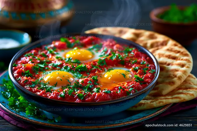 Eggs in tomato sauce served with flatbread on a rustic table