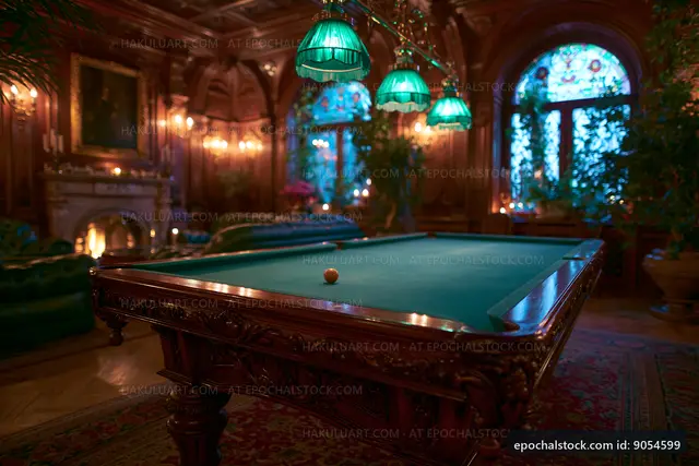Elegant pool table in a vintage room with green lights