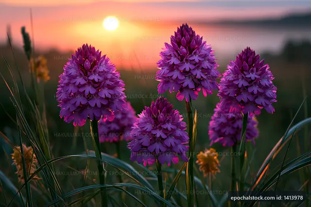 Purple flowers bloom at sunset in a field