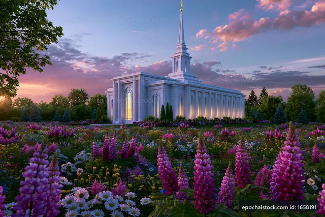 Flowers in bloom near a temple at sunset with colorful sky