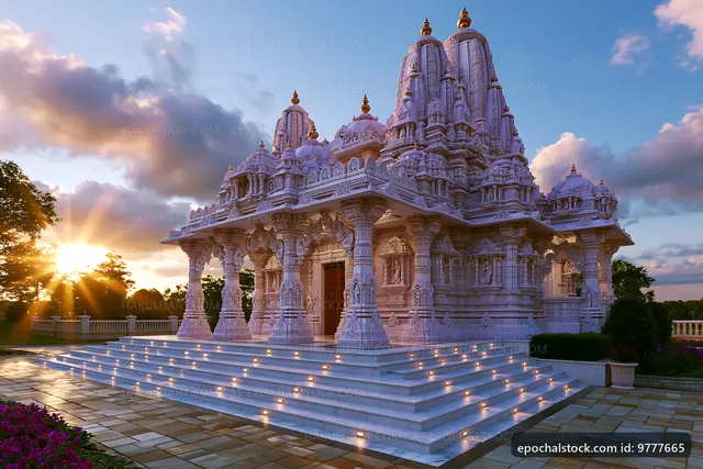 Sunset view of a white temple with intricate carvings and steps