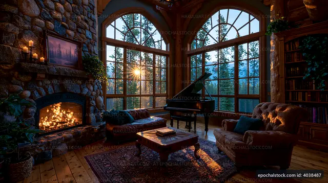 Cozy living room with fireplace and grand piano at sunset