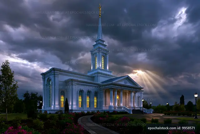 Church building with dramatic clouds and light rays at dusk