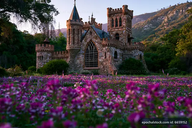 Charming castle surrounded by purple flowers in a mountain landscape