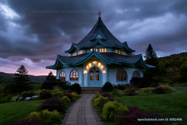 Colorful building with unique architecture against a cloudy sky