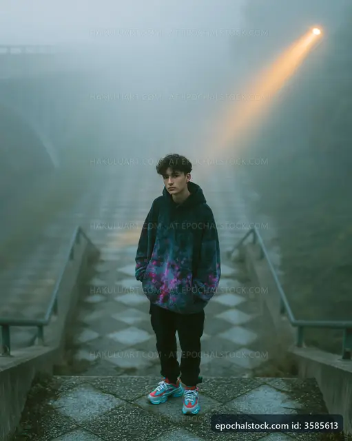 Young man standing on foggy path near bridge