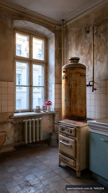 Old kitchen with vintage stove and water heater in renovated building