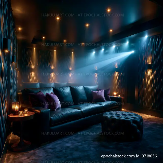 Luxury home theater with cozy seating and soft lighting