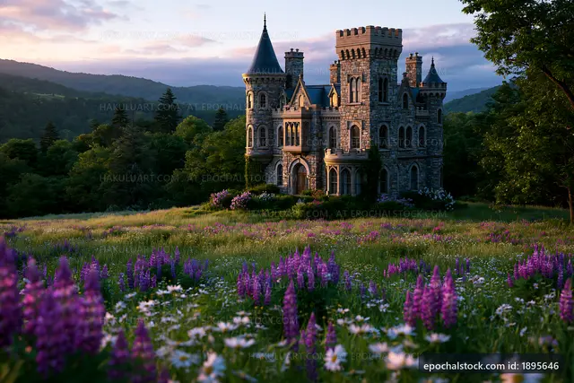 Castle surrounded by flowers in a field at sunset