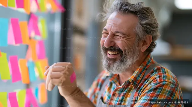 Smiling man during brainstorming session with sticky notes