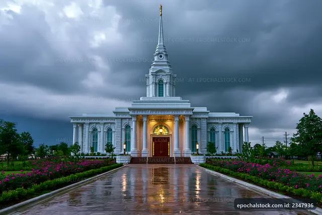 Church building under dark clouds