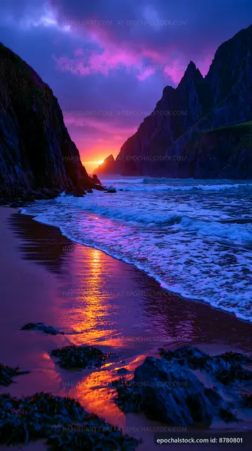 Sunset over the ocean with mountains and waves in the background