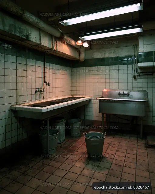 Old kitchen with dirty tiles and metal sink