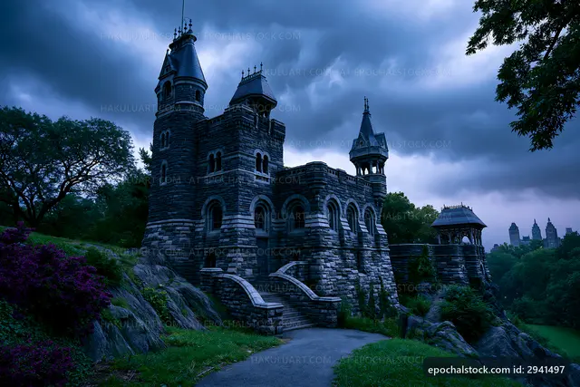 Stormy sky over an old stone castle in a park