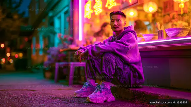 Young man sitting on street at night near restaurant with neon lights