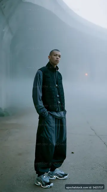 Man in stylish outfit stands in foggy urban setting