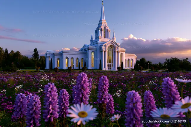 Church surrounded by flowers at sunset near a garden