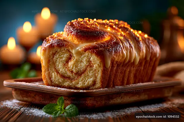 Freshly baked cinnamon roll loaf on wooden table