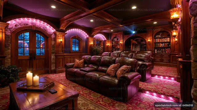 Cozy home theater with leather seating and warm lighting