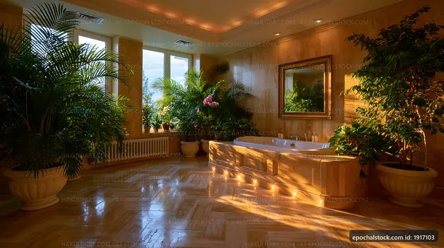 Luxury bathroom with natural light and indoor plants