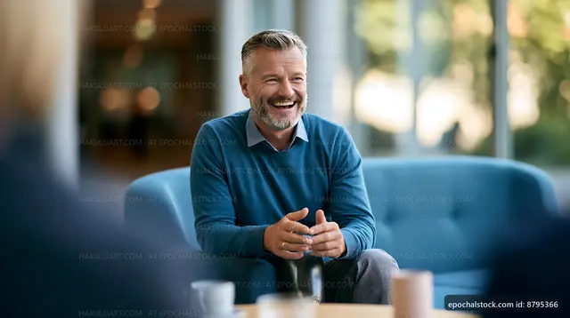 Man laughs during a conversation in a modern office setting