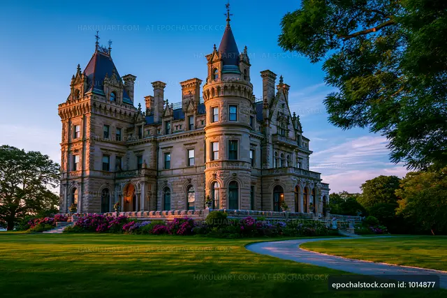 Historic mansion surrounded by lush gardens and blue sky