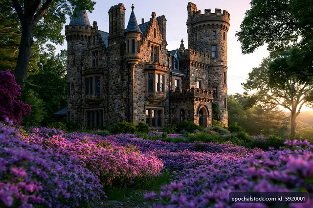 Castle surrounded by colorful flowers at sunset