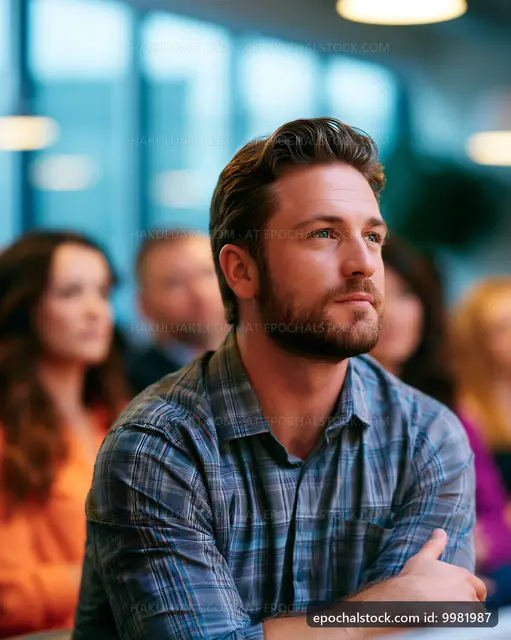 Man listening attentively in a group setting indoors