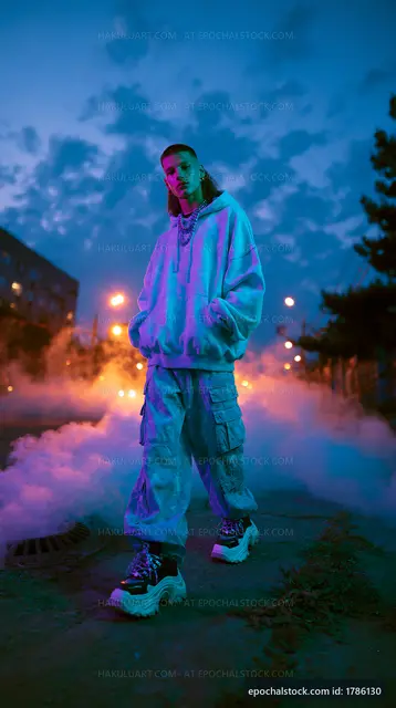 Young person in streetwear standing in fog at dusk
