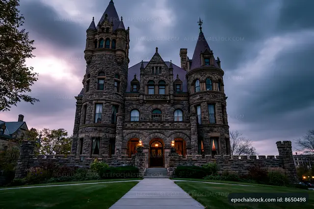 Historic stone mansion under cloudy sky