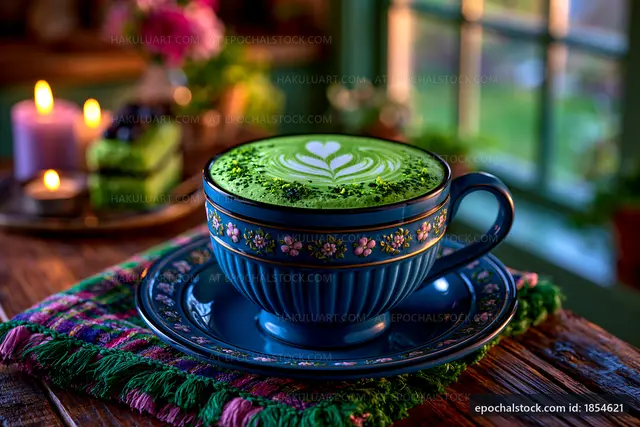 Green tea latte in decorative cup on wooden table