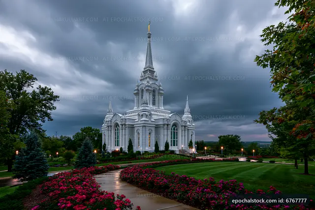 White church under dark clouds with green trees and flowers