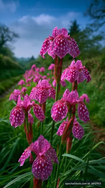 Pink wildflowers bloom along a green pathway in springtime