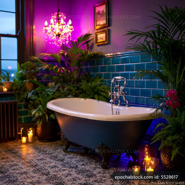 Elegant bathroom with plants and candles at sunset